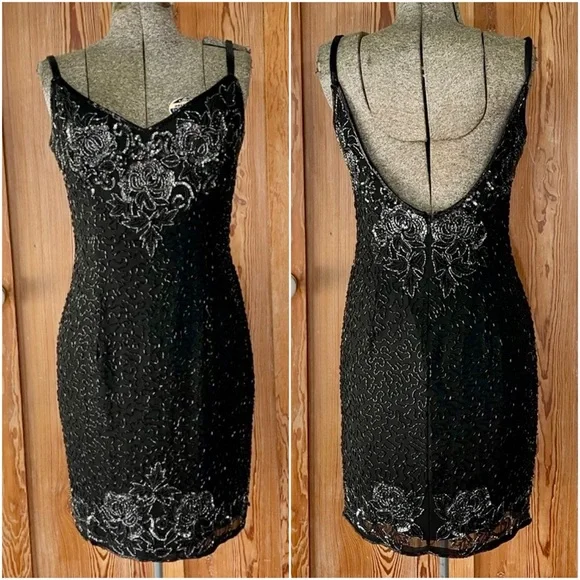 Vintage Cache Beaded Cocktail Dress – Glam 90s Rose Embellished Mini Sz 8 💛🍄 - Picture 1 of 8